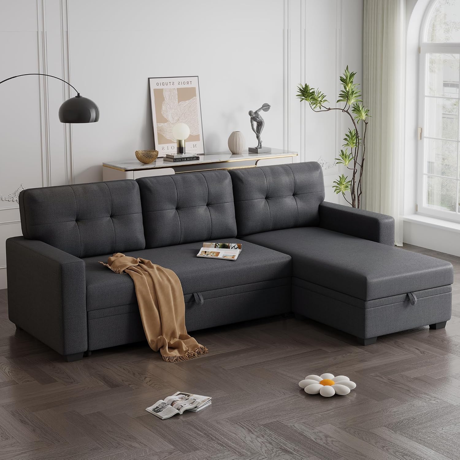 82' L-Shape Convertible Sleeper Sectional Sofa with Storage Chaise and Pull-Out Bed,Modular Corner Couch Lounge,w/Removable 3 Back Cushions and Armrest,for Home Furniture,Dark Gray