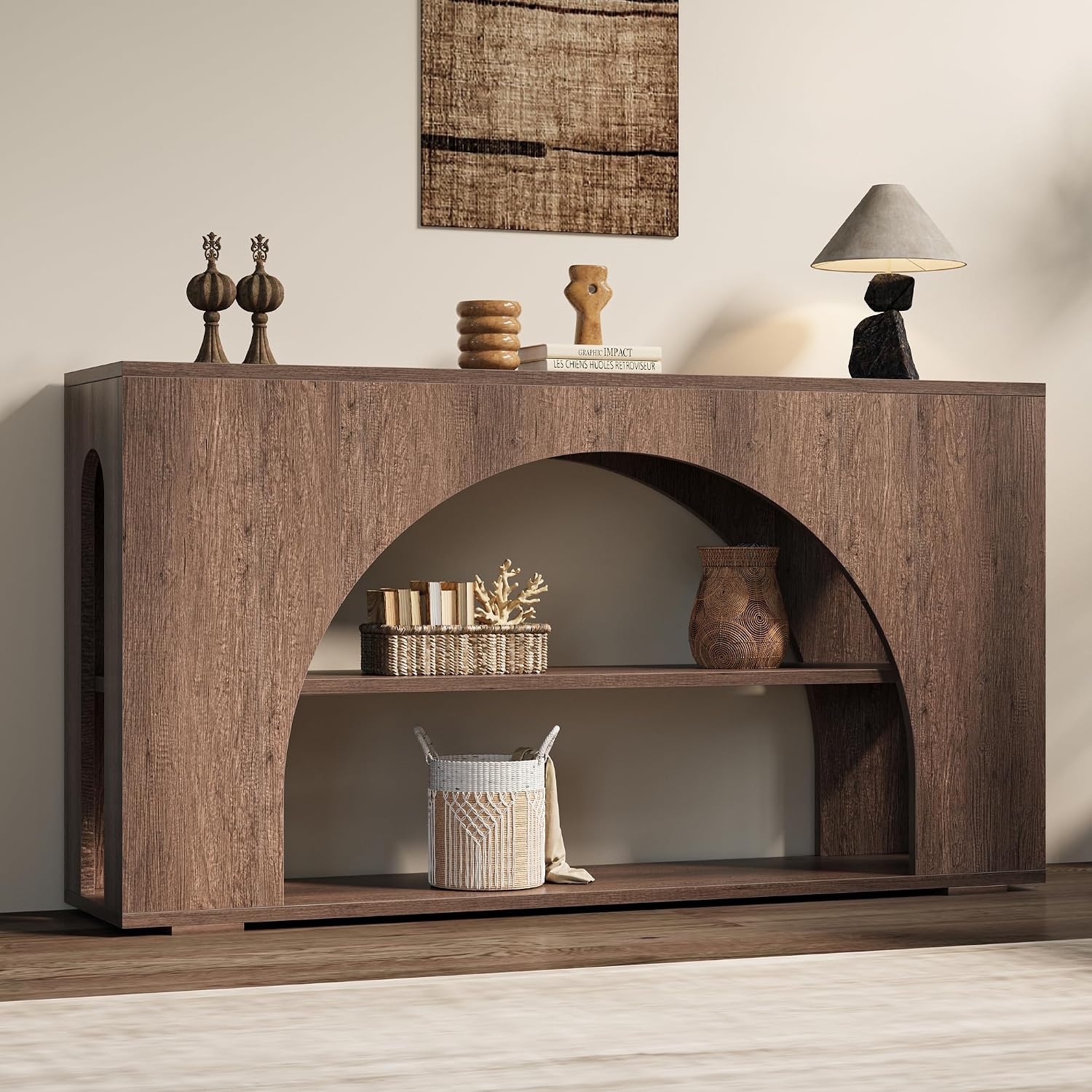 55' Arched Console Table with 3-Tier Storage, Farmhouse Wooden Sofa Table Behind Couch, Narrow Long Entryway Table for Entrance, Hallway, Living Room, Brown Oak