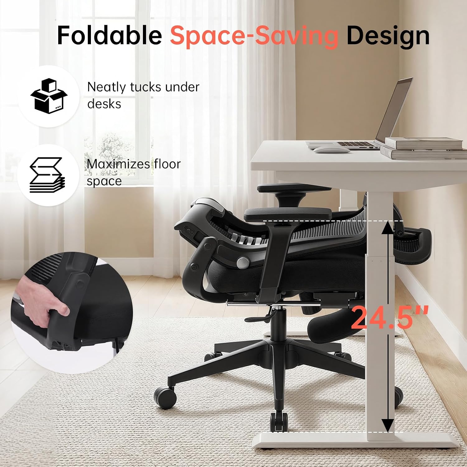 Foldable Office Chair with Foot Rest, Ergonomic Office Chair with Adjustable Lumbar Support, Headrest, Armrest, Home Office Desk Chairs for Space Saving, Work from Home, Black