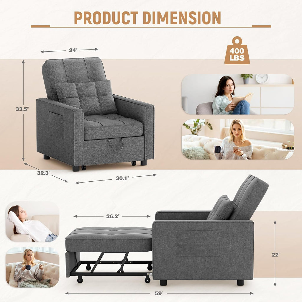 Flamaker Sofa Bed, Sleeper Sofa 3-in-1, Adjustable Couch Bed with Modern Linen Fabric, Convertible Sleeper Chair, Couches for Living Room, Apartment and Small Space (Graphite Gray)