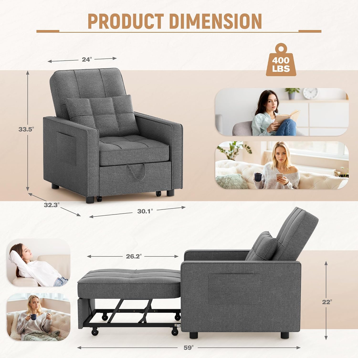 Flamaker Sofa Bed, Sleeper Sofa 3-in-1, Adjustable Couch Bed with Modern Linen Fabric, Convertible Sleeper Chair, Couches for Living Room, Apartment and Small Space (Graphite Gray)