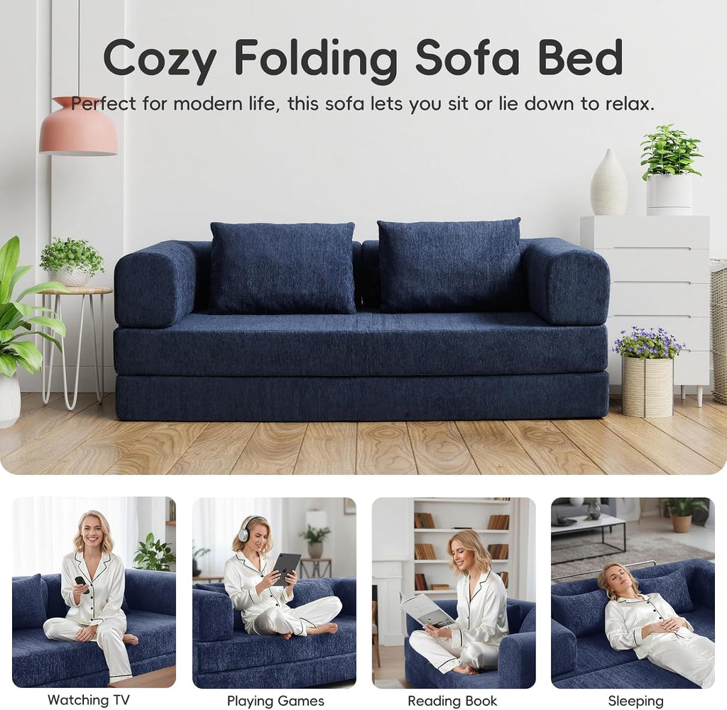 5-in-1 Convertible Folding Sofa Bed, 79' Queen Chenille Boneless Couch with Removable Armrests, No Assembly Loveseat Sleeper Sofa, Modular Futon Couch for Living Room & Bedroom (Blue)