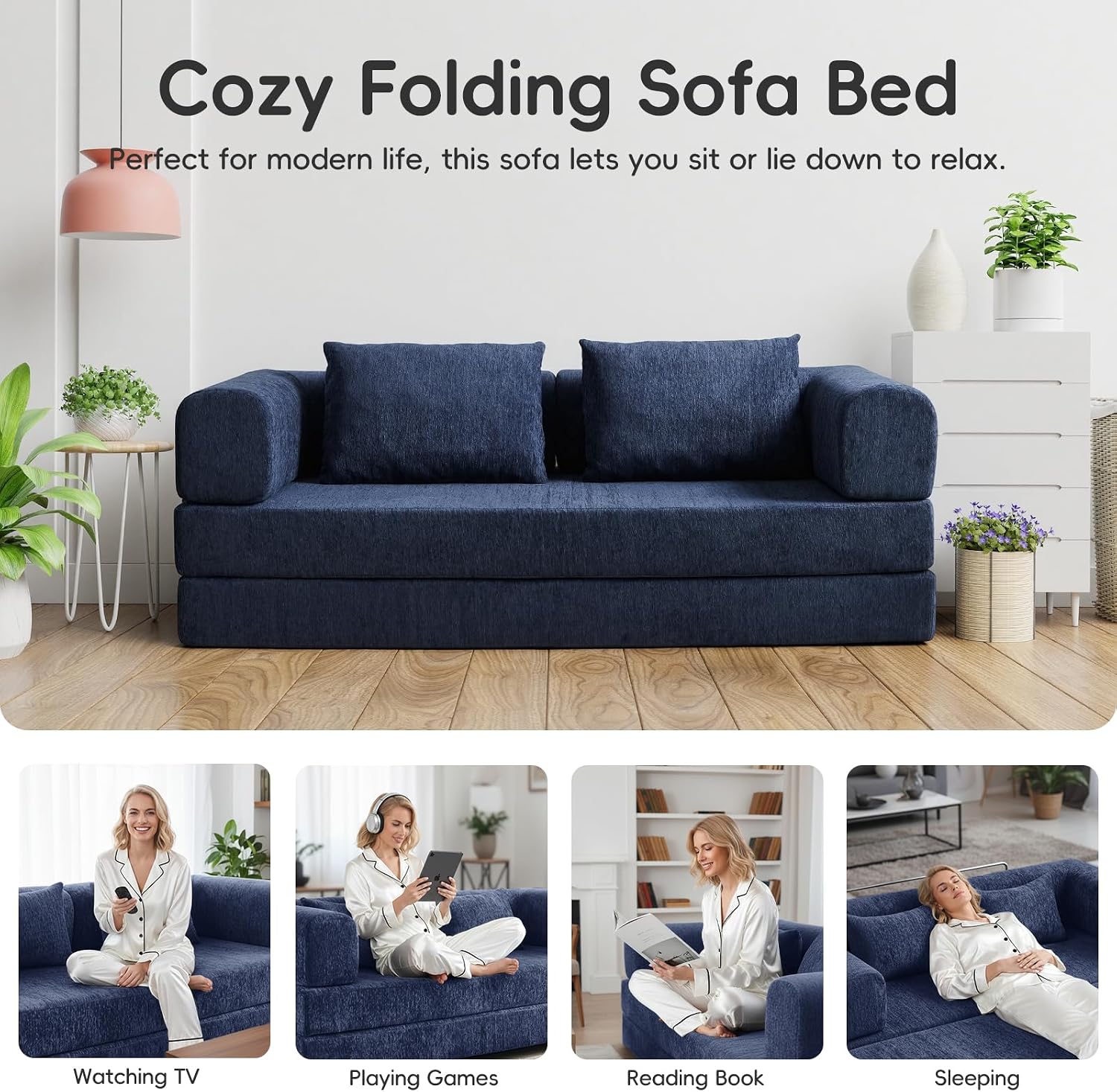 5-in-1 Convertible Folding Sofa Bed, 79' Queen Chenille Boneless Couch with Removable Armrests, No Assembly Loveseat Sleeper Sofa, Modular Futon Couch for Living Room & Bedroom (Blue)