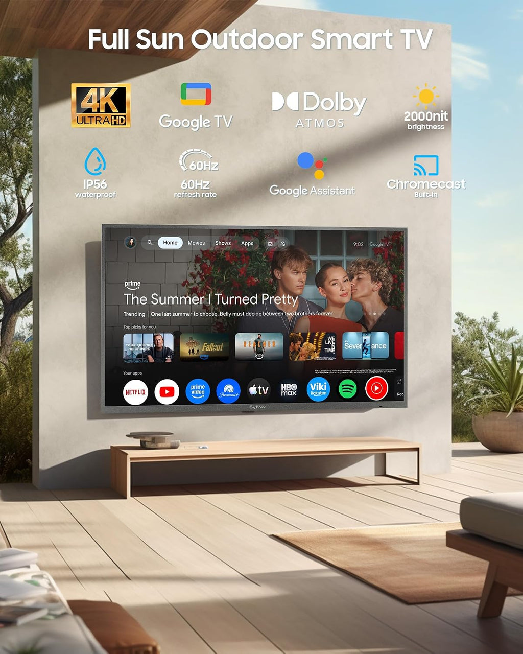 SYLVOX Outdoor TV, 43 inch Full Sun Smart Outdoor TVs, Weatherproof 2000 Nits High Brightness IP56 Waterproof, 4K TV for Outside WiFi Bluetooth Voice Assistant Chromecast (Pool Pro 3.0)