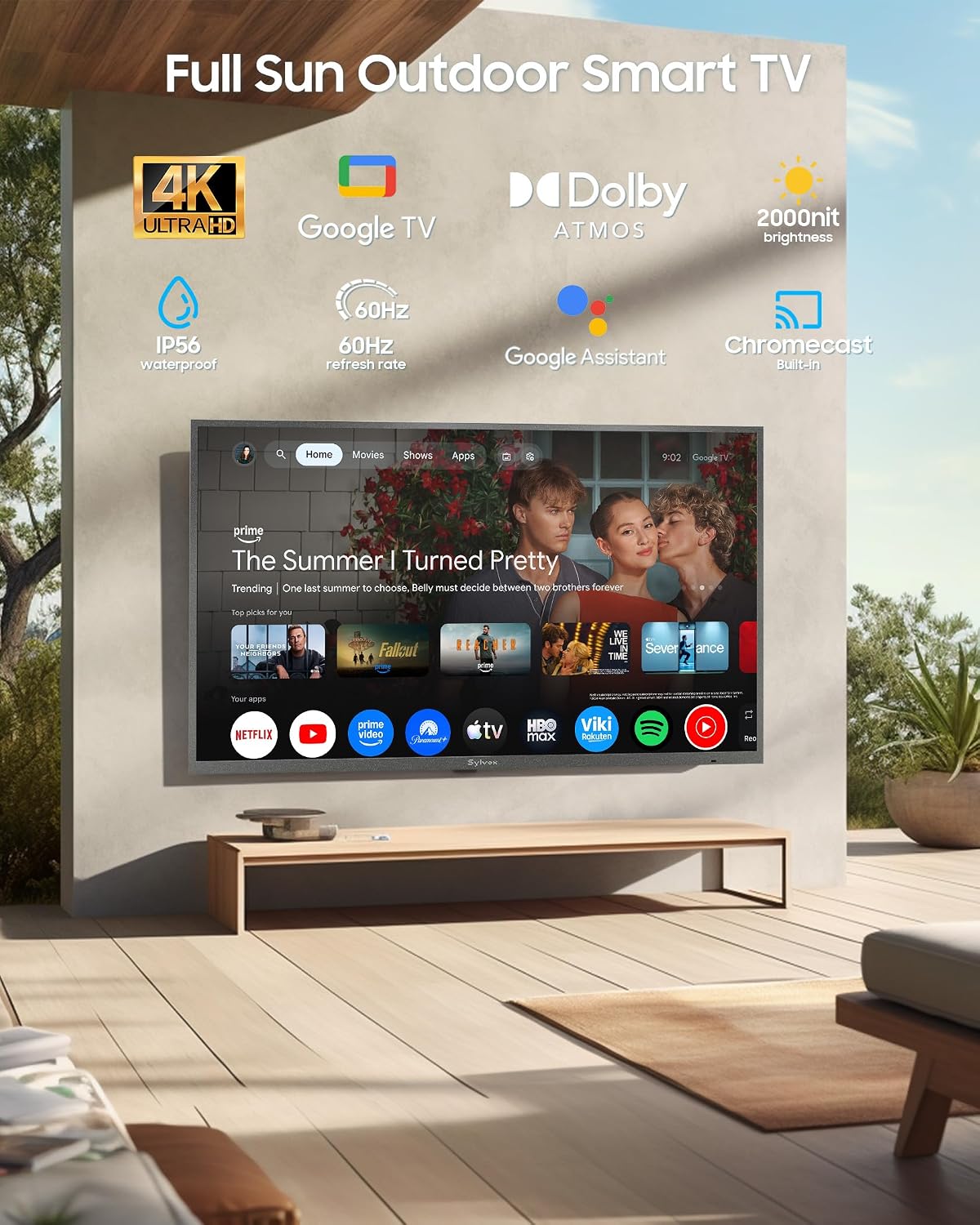SYLVOX Outdoor TV, 43 inch Full Sun Smart Outdoor TVs, Weatherproof 2000 Nits High Brightness IP56 Waterproof, 4K TV for Outside WiFi Bluetooth Voice Assistant Chromecast (Pool Pro 3.0)