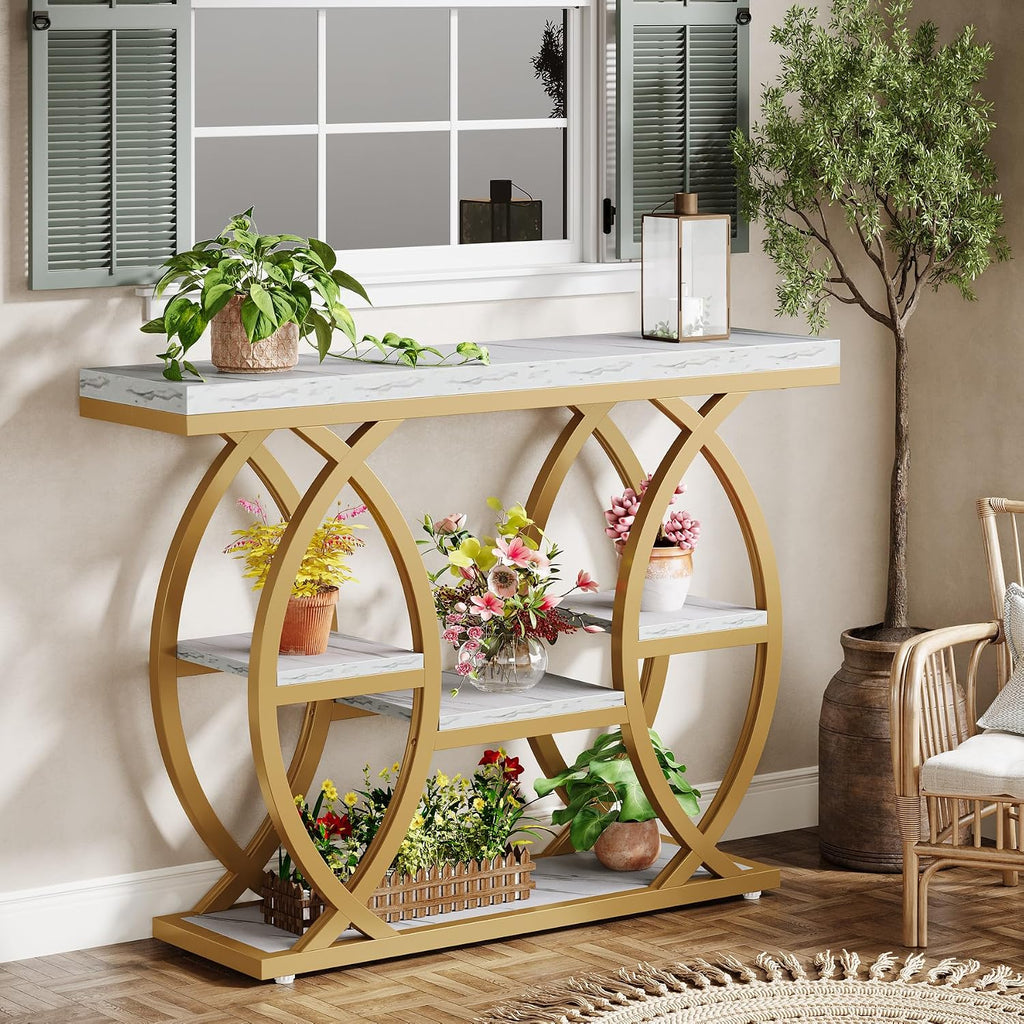 Tribesigns 39.4' Console Table, Industrial 4-Tier Sofa Table Entryway Table with Storage Shelves, Narrow Wood Accent Tables with Metal Frame for Small Spaces, Hallway, Foyer, White Gold