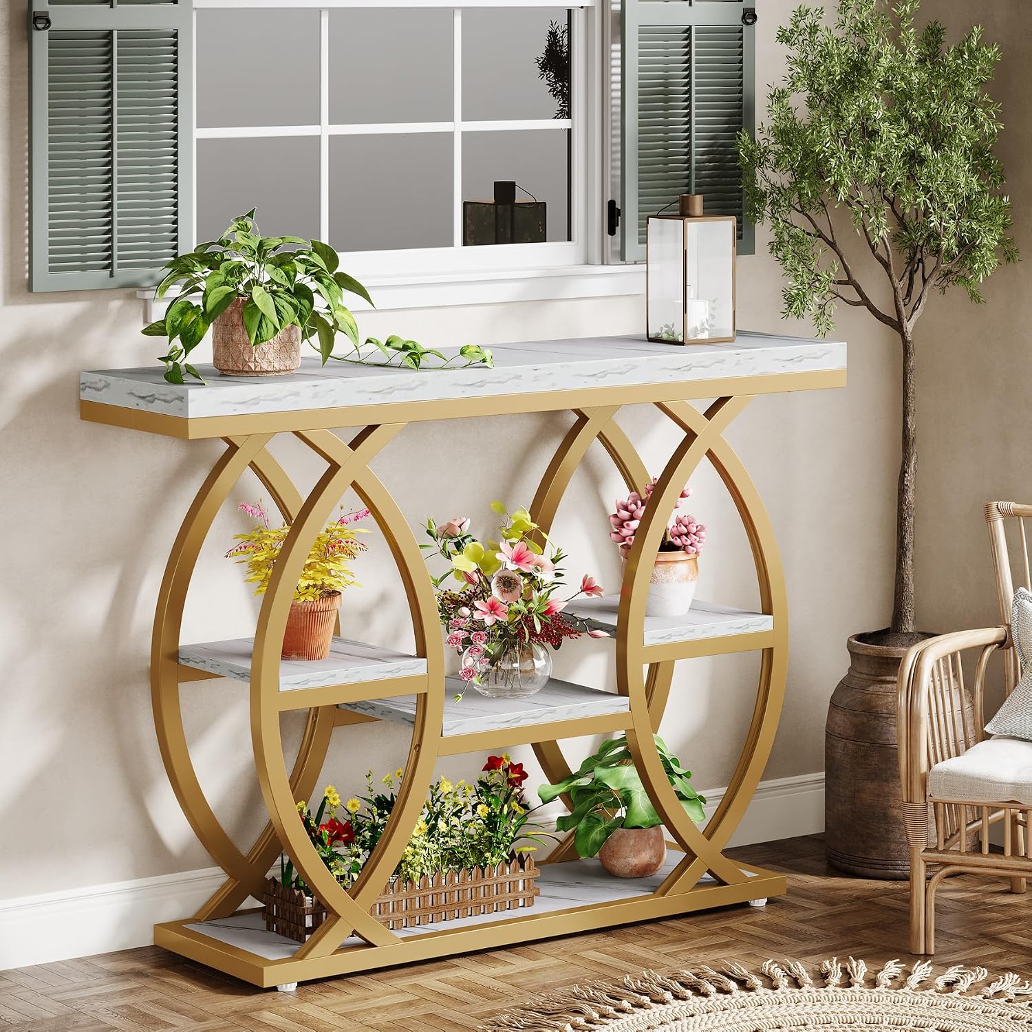 Tribesigns 39.4' Console Table, Industrial 4-Tier Sofa Table Entryway Table with Storage Shelves, Narrow Wood Accent Tables with Metal Frame for Small Spaces, Hallway, Foyer, White Gold