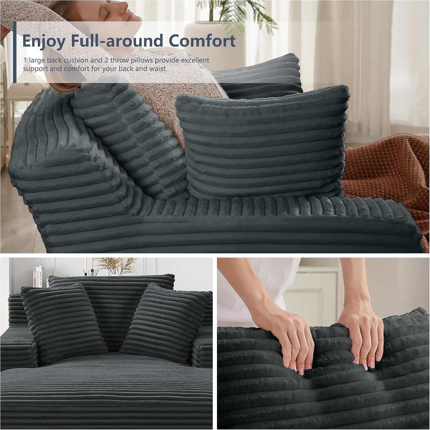 Tmsan 50' Oversized Chaise Lounge Sofa Chair Indoor, Modern Corduroy Sleeper Sofa Cloud Couch with 3 Soft Pillows, Comfy Single Seat Floor Chair for Living Room Apartment Office (Dark Grey)