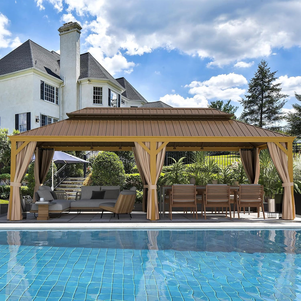 YOLENY 12' x 24' Gazebo, Wood Grain Aluminum Frame Pergola with Double Galvanized Steel Roof, Outdoor Permanent Metal Pavilion with Curtains and Nettings for Patio, Backyard and Deck