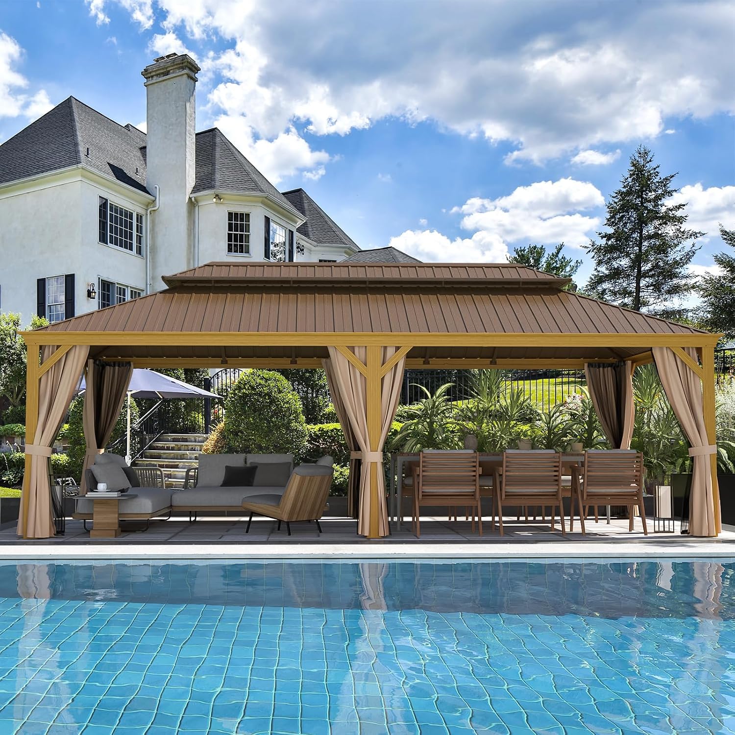 YOLENY 12' x 24' Gazebo, Wood Grain Aluminum Frame Pergola with Double Galvanized Steel Roof, Outdoor Permanent Metal Pavilion with Curtains and Nettings for Patio, Backyard and Deck