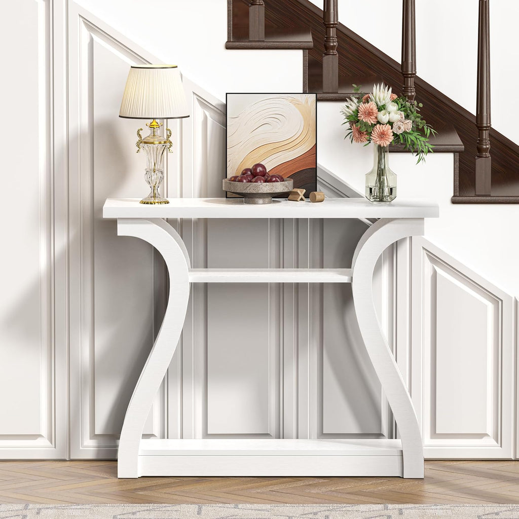 Wooden Console Table with Curved Legs and Shelf, 3-Tier Modern Accent Narrow Sofa Table for Entrance Area, Living Room, Hallway, 47 in Wide Wood Console Table for Entryway (White)