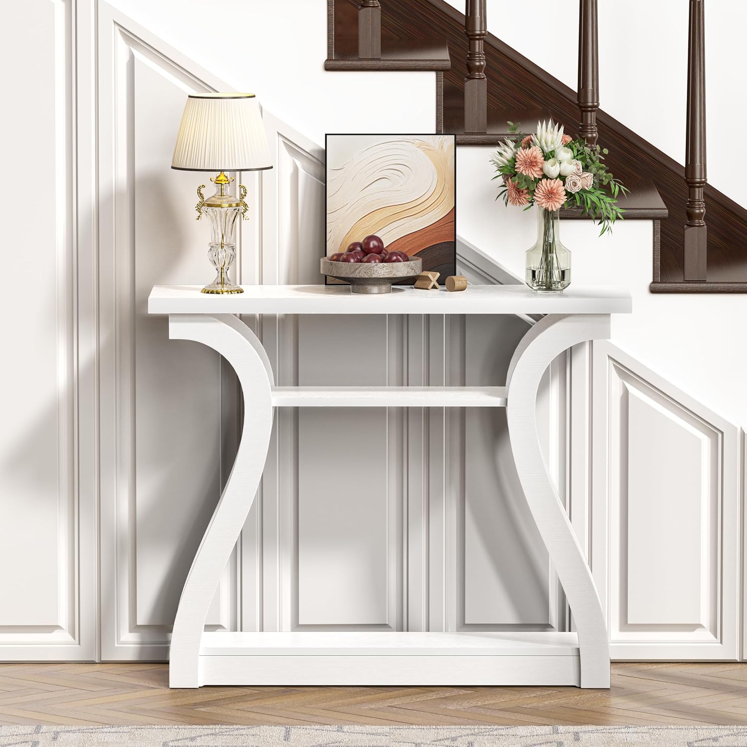Wooden Console Table with Curved Legs and Shelf, 3-Tier Modern Accent Narrow Sofa Table for Entrance Area, Living Room, Hallway, 47 in Wide Wood Console Table for Entryway (White)