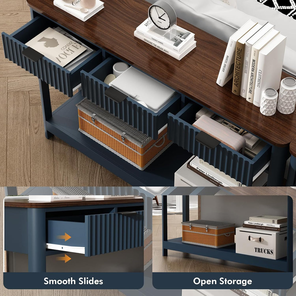 HOKYHOKY Fluted Console Table with Drawers, Modern 47.1' Entryway Table with Storage Shelf, Boho Narrow Skinny Behind Couch Wood Sofa Table for Living Room Hallway Entrance Foyer, Blue