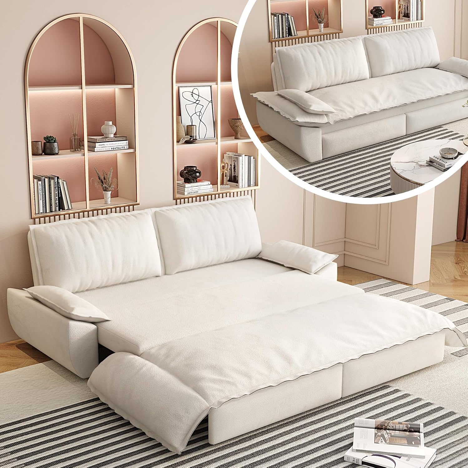 Velvet 73.2'' Queen Size Sleeper Sofa Bed, Loveseat 3-in-1 Convertible Sofabed, Love Seat Pullout Couch, Space Saving for Living Room, Apartment - Beige-White