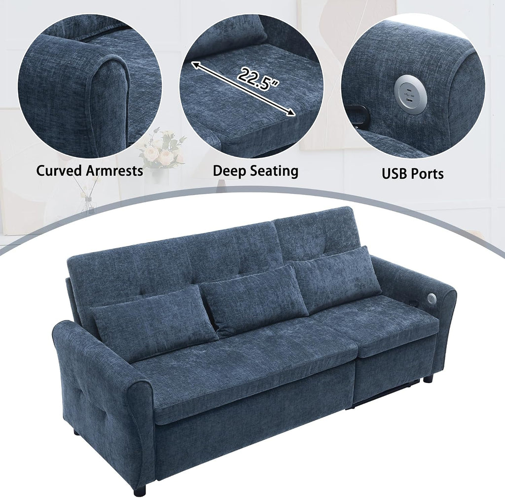 Merax 2-in-1 Convertible Sofa Bed & Recliner Sofa, 82' 3-Seater Sofa, Pull-Out Sleeper Sofa, 3 Level Adjustable Backrest, Reversible Left/Right, with USB Charging Ports, Easy to Assemble (Blue)