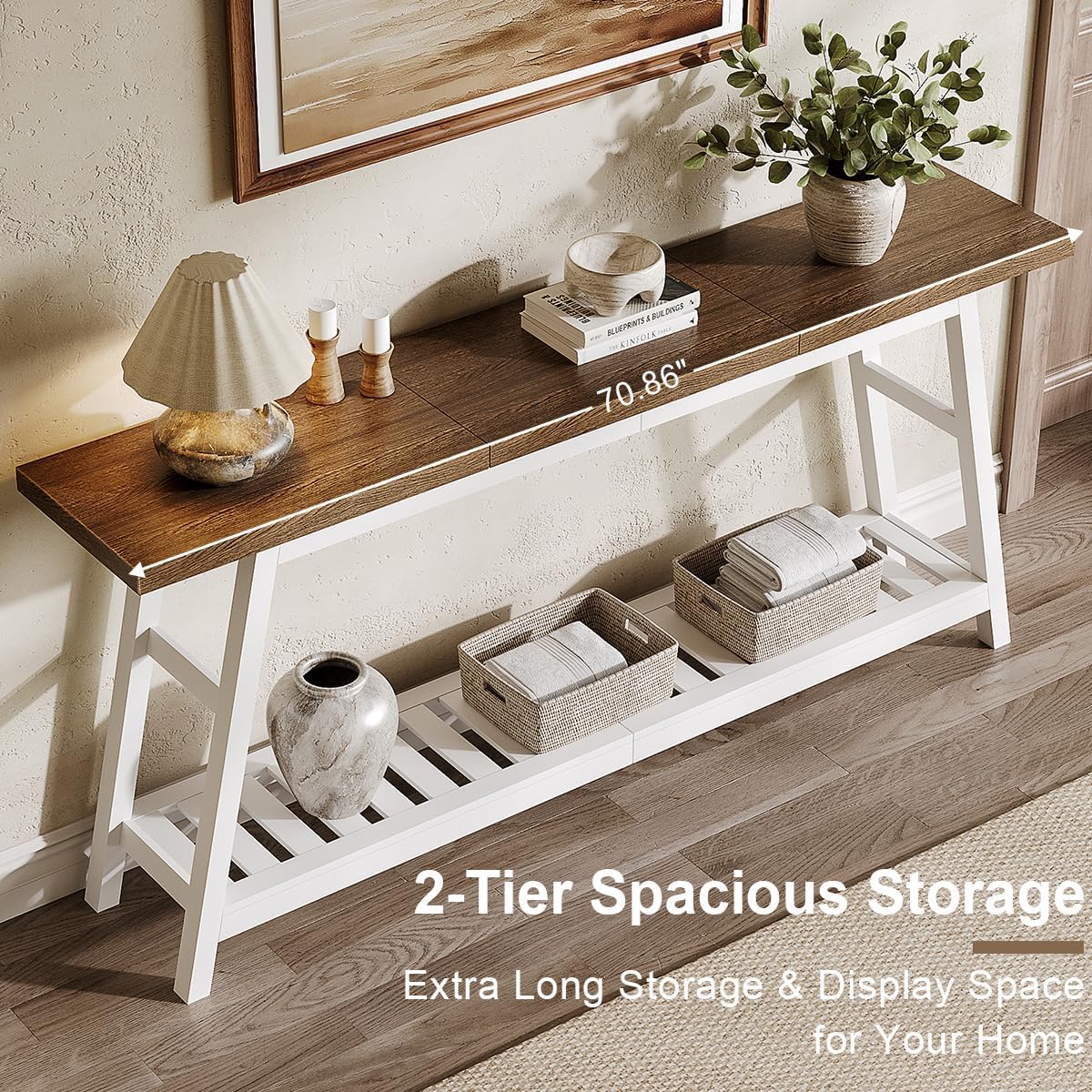 ChooChoo 70.9 Inch Long Console Tables for Entryway, Wood 2-Tier Entry Hallway Table, Narrow Sofa Table Behind Couch Table for Living Room, Entrance, White & Brown