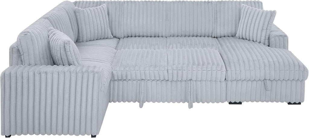 DEINPPA 122 Inch Sleeper Sofa Couch with Pullout Bed, Chunky Furry Corduroy Sectional Sofa with Storage Chaise and Charging Ports, Large Sectional Couches for Living Room-Grey