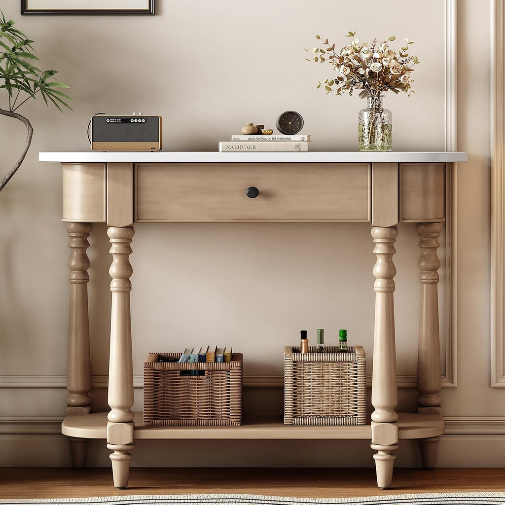 Small Curved Console Table 36-Inch Retro Farmhouse Entryway Sofa Table with Drawer & Storage Shelf for Entry Hallway Foyer Living Room Furniture, Solid Wood Legs, Space-Saving, Beige
