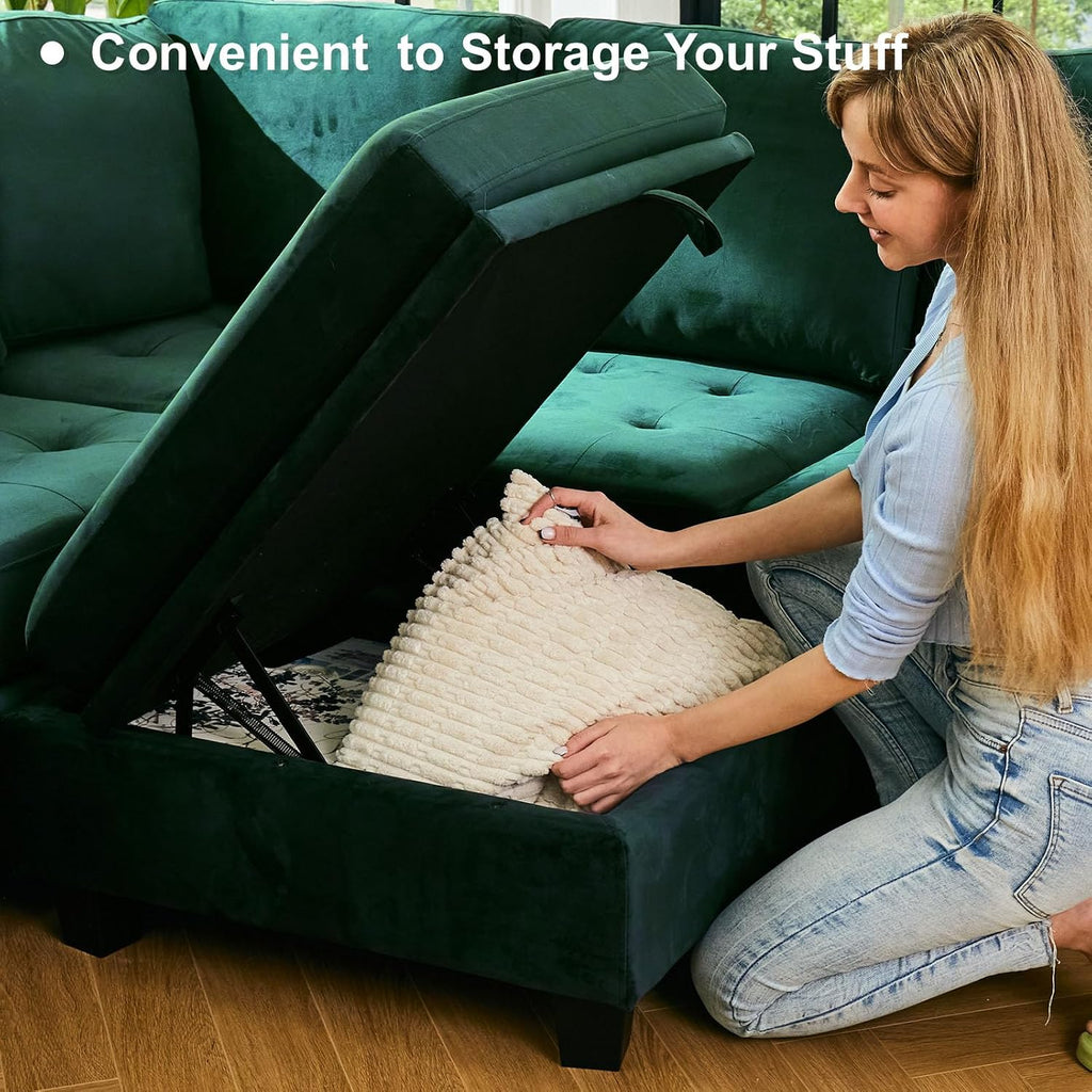 Belffin Sectional Sleeper Sofa with Pull Out Couch Bed Modular Sectional Sofa with Storage Velvet L Shaped Couch Sleeper Bed Green