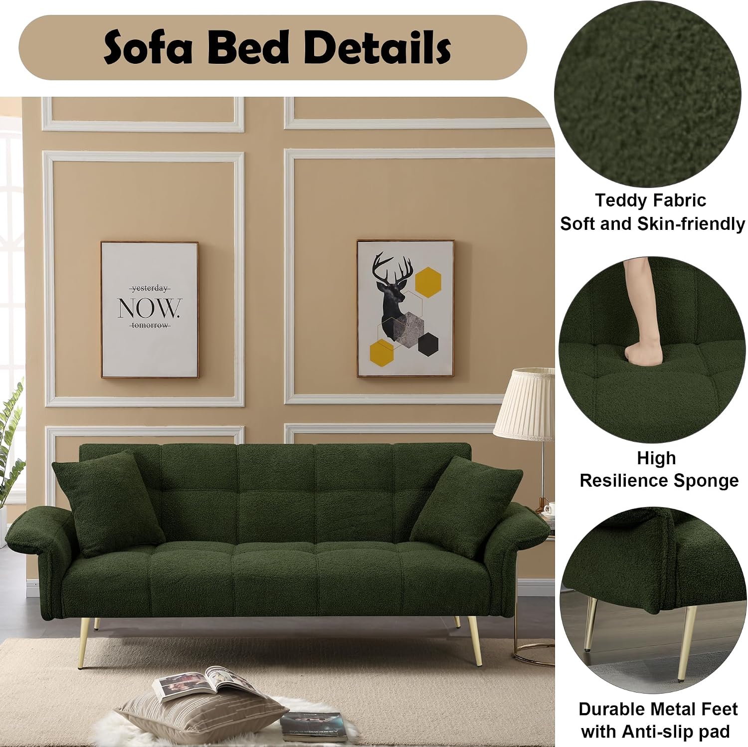 70 inch Upholstered Teddy Fleece Sofabed with Adjustable Arms and Backrest,Modern Convertible Futon Couch W/Metal Legs & Pillows,Love Sofa for Living Room,Bedroom,Apartment,Green, 70'