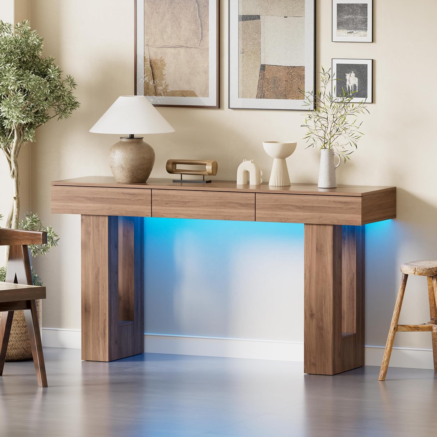 PAKASEPT 63-Inch Long Console Table with Colorful LED Lights and 3 Drawers, Wooden Rectangular Sofa Table Behind The Couch, Farmhouse Entryway Table for Entrance, Hallway, Living Room