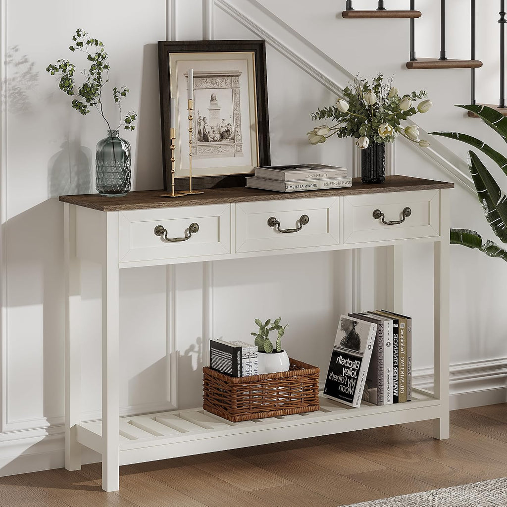 ChooChoo 47' Farmhouse Console Table with 3 Drawers, Rustic Entryway Table, Narrow Long Sofa Table for Living Room, Hallway, Behind Couch, Soft White and Brown
