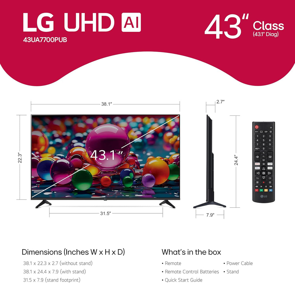 LG 43UA7700P 43 inch Class UA77 Series LED AI 4K Smart webOS TV (2025)