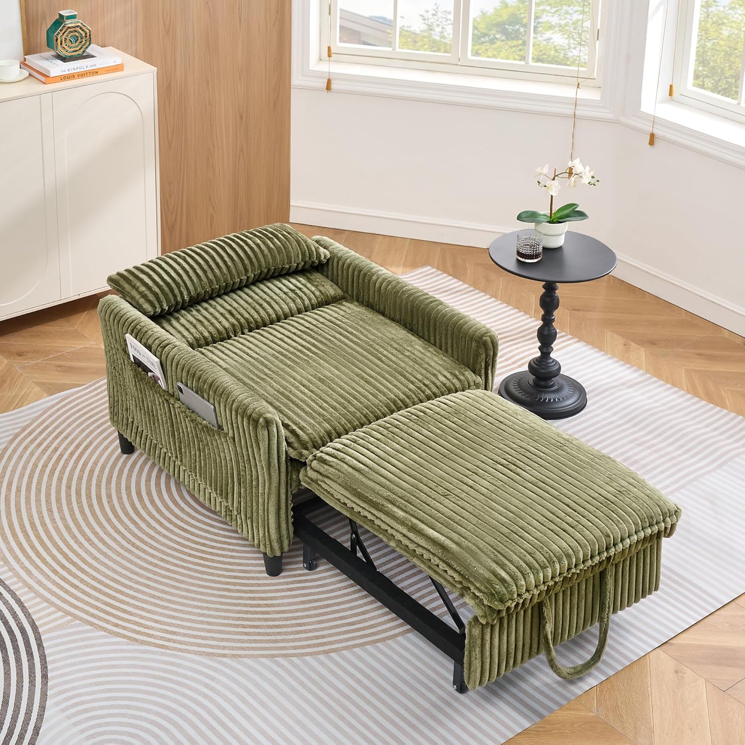 Majnesvon Modern Corduroy Fabric Sofa Bed Futon,3 in 1 Convertible Pullout Bed Sleeper Couches with 3 Reclining Backrests,Small Sofa Chair Bed for Living Room Bedroom (Green)