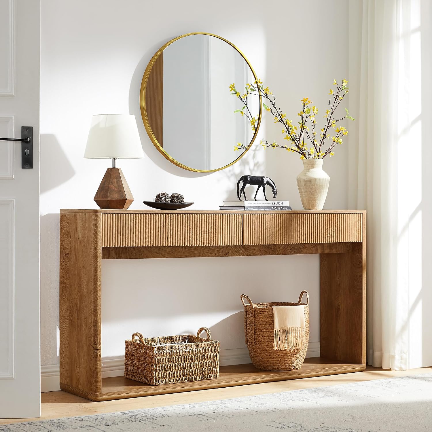 OKD 63' Fluted Console Table for Entryway, Modern Entryway Table with 2 Large Drawers, Long Sofa Table Behind Couch for Living Room, Hallway, Couch, Foyer，Light Knotty Oak