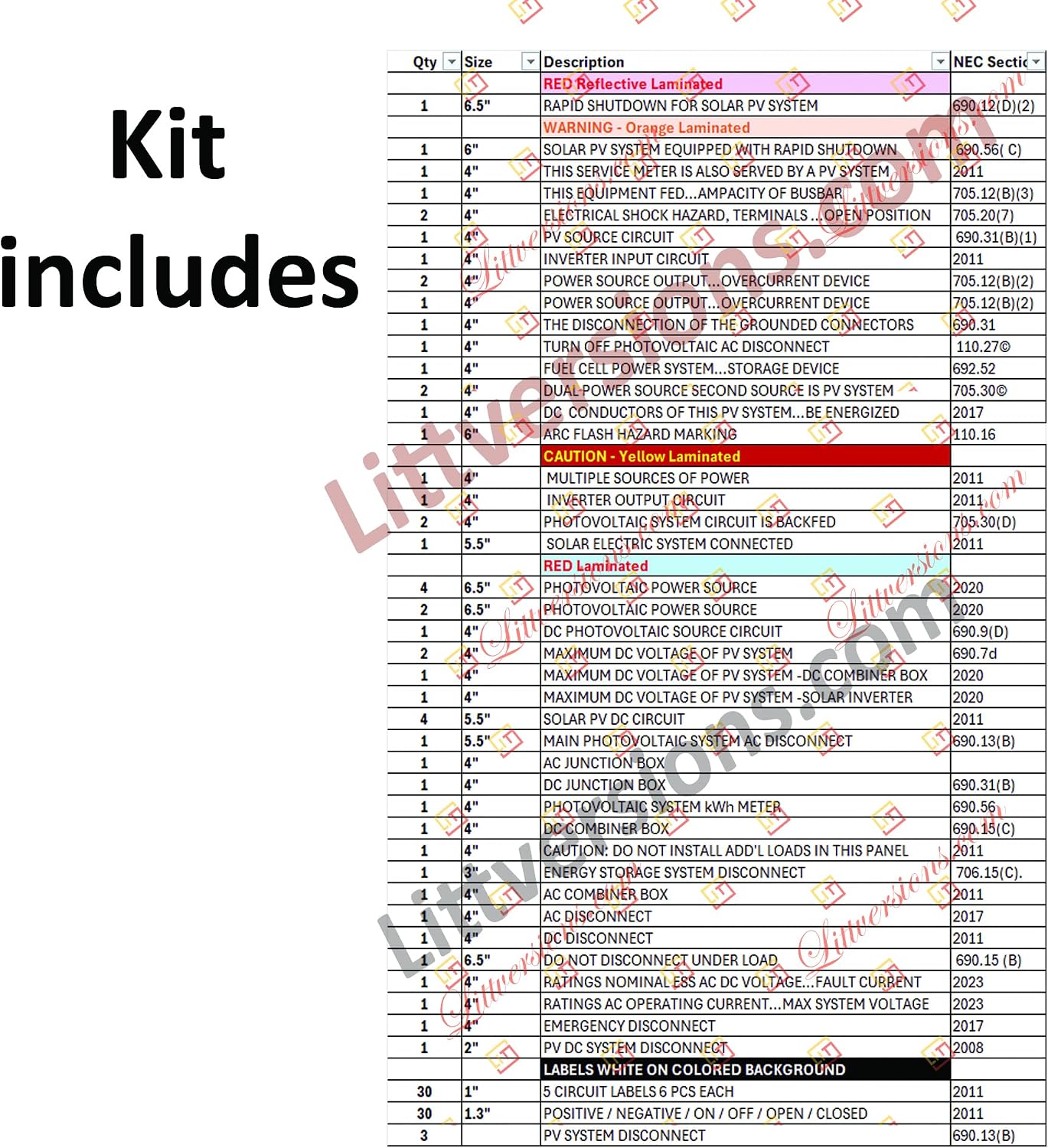 10 Packs of 116 Pack NEC 2026/2023/2020/2017 Code Compliant Photovoltaic Solar Panel Label Kit Electrical Panel Safety Stickers Outdoor Rated Waterproof Laminated