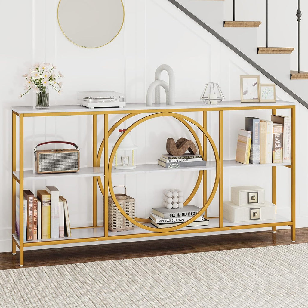 Giantex Narrow Long Console Table, 3-Tier Entryway Table with Faux Marble Top & Heavy-Duty Metal Frame, Mid-Century Accent Sofa Tables with Open Storage Shelves for Living Room, Hallway(White+Gold)