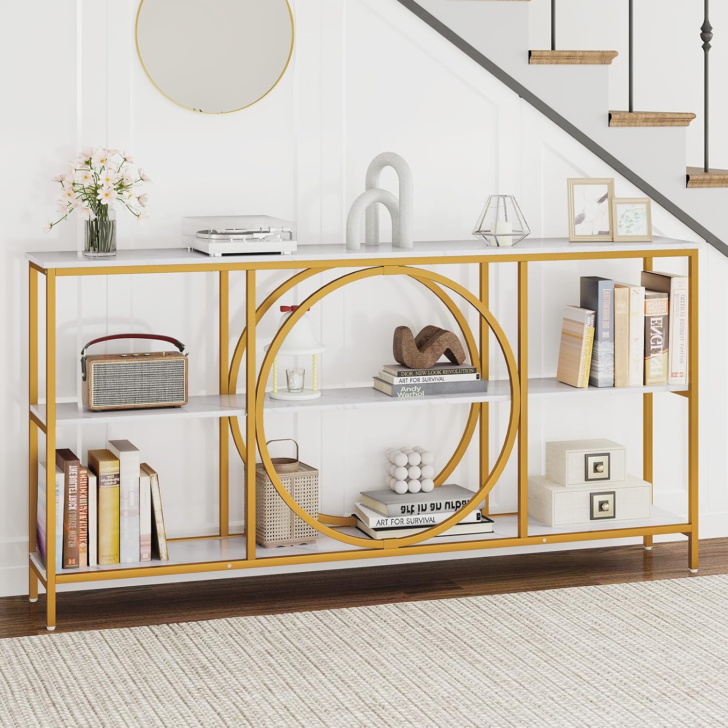 Giantex Narrow Long Console Table, 3-Tier Entryway Table with Faux Marble Top & Heavy-Duty Metal Frame, Mid-Century Accent Sofa Tables with Open Storage Shelves for Living Room, Hallway(White+Gold)