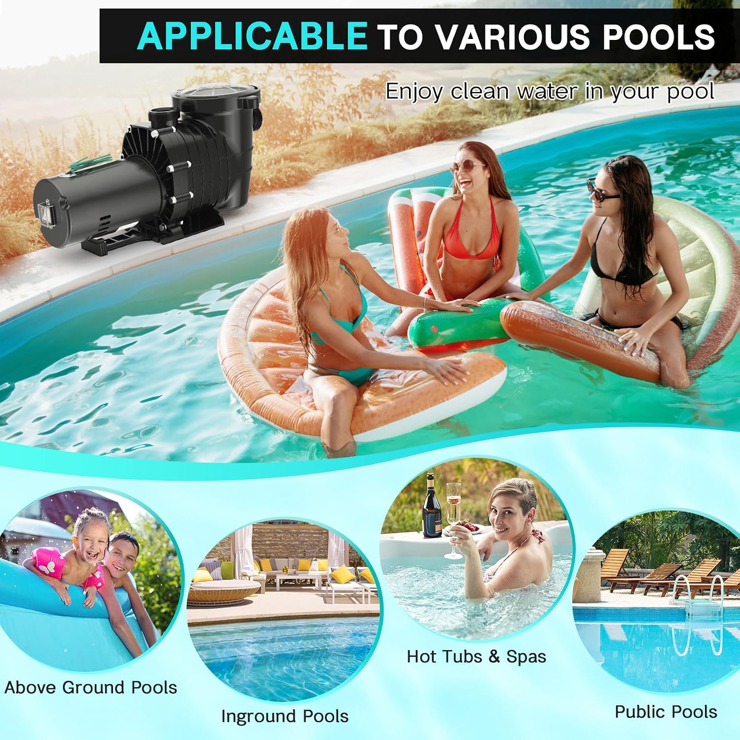 Pool Pump Above Ground/Inground, 2 HP 6900GPH Powerful Selfpriming Pool Pumps for 15,000-31,000 Gallons Pools, Dual Voltage Swimming Pool Pump with Strainer Basket & Drain Plug (2.0HP)