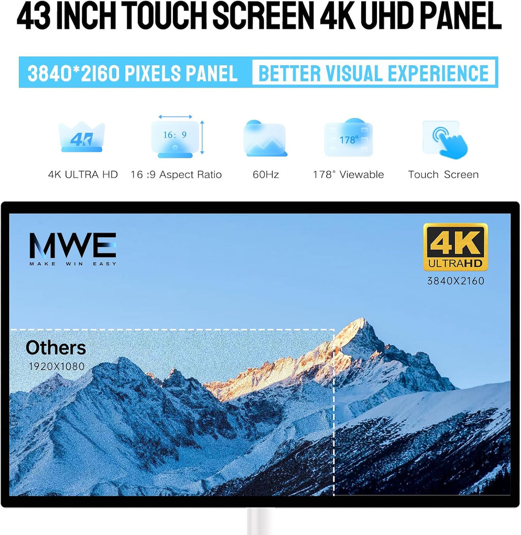 43 Inch Portable TV Smart Touch, 4K Rotatable TV LCD Display with Wires plugged in use, Android OS, Touch Screen, Type-C, USB, HDMI Port, on Wheels