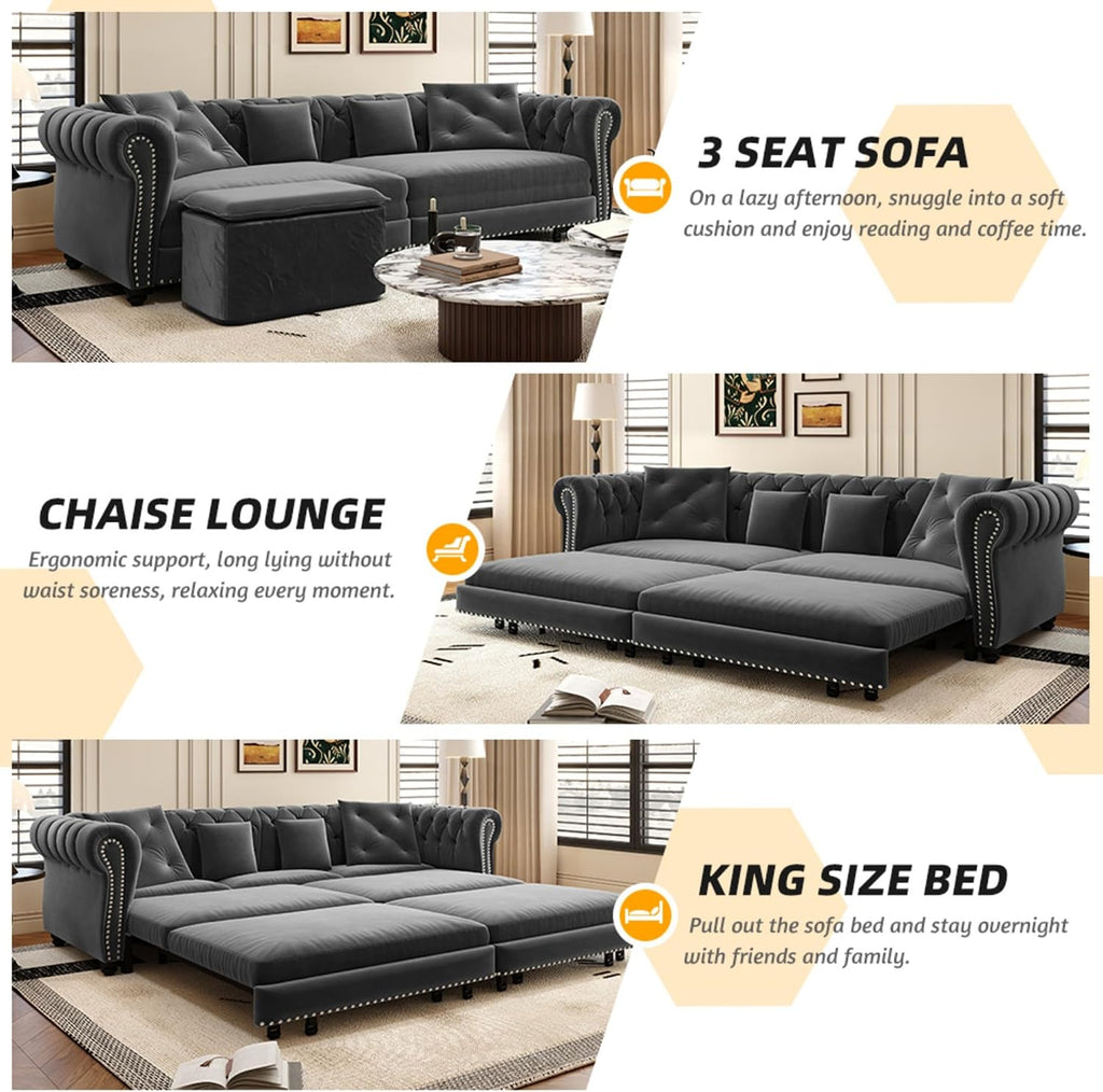 KEIKI 89' W 3-in-1 Pull-Out Convertible Chesterfield Sofa Bed, King Size Velvet Tufted Couch with Movable Ottoman, Chaise Lounge, 3-Seater for Living Room, Bedroom, Office, Gray