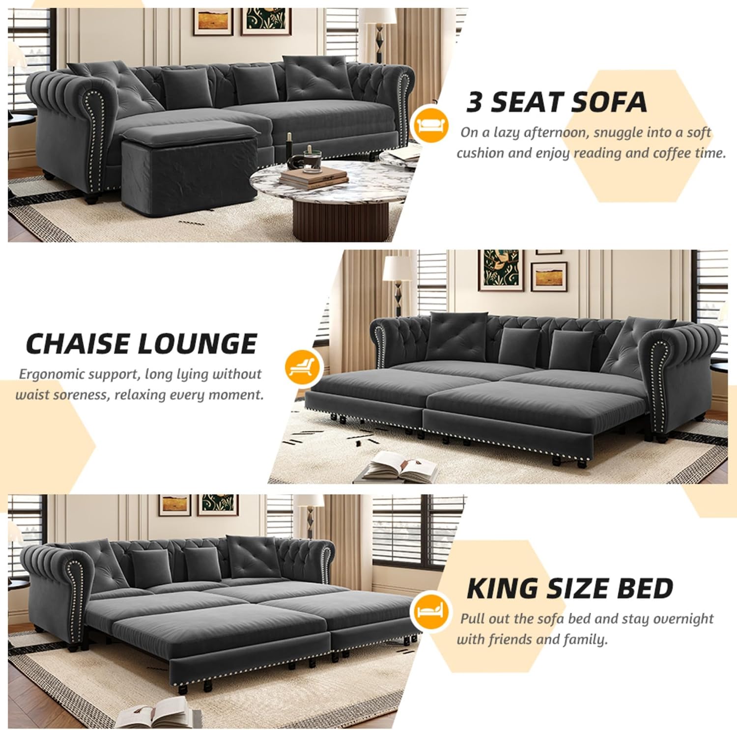 KEIKI 89' W 3-in-1 Pull-Out Convertible Chesterfield Sofa Bed, King Size Velvet Tufted Couch with Movable Ottoman, Chaise Lounge, 3-Seater for Living Room, Bedroom, Office, Gray