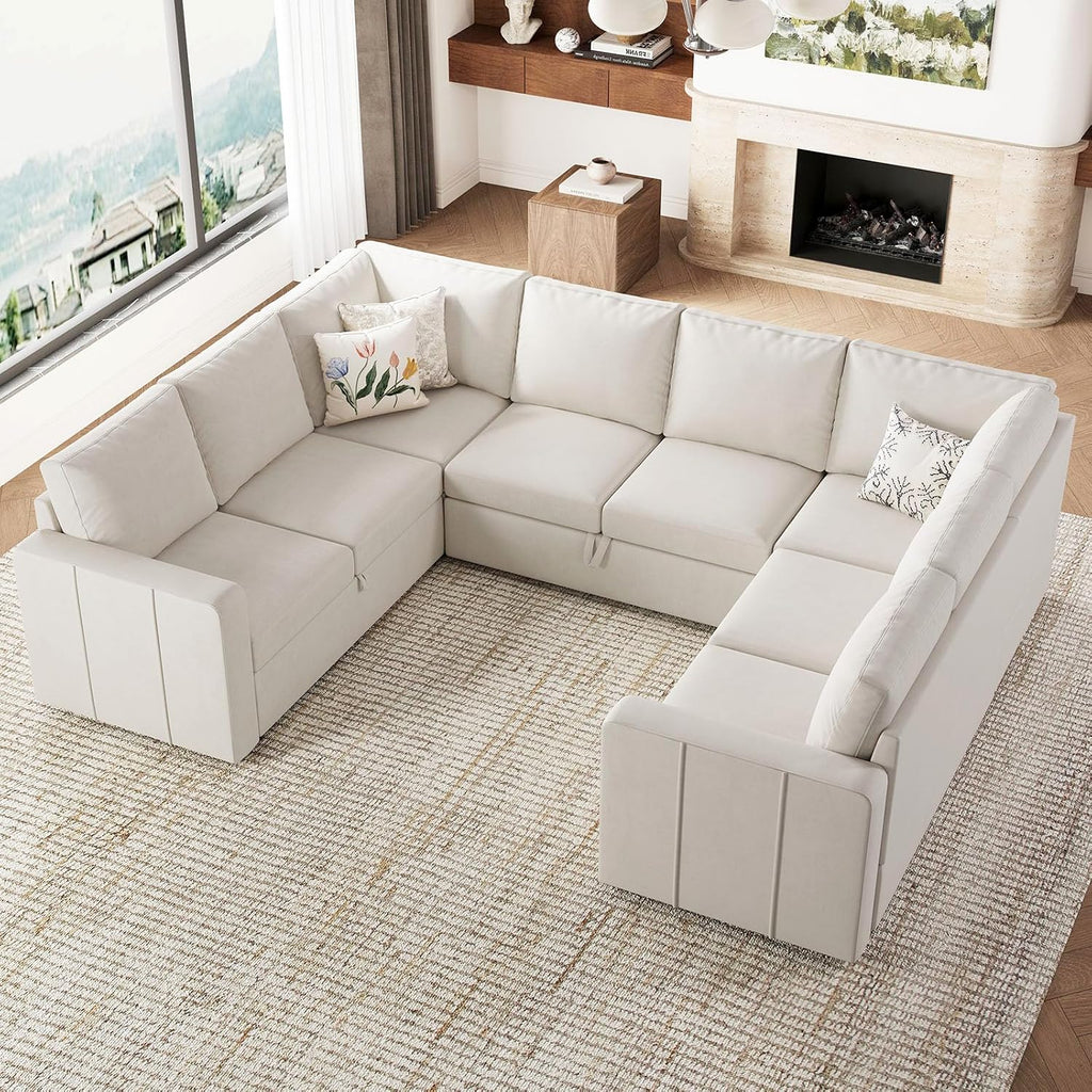 Belffin Modular Sectional Sleeper Sofa Bed with Pull Out Couch, Oversized U Shaped Sleeper Pull Out Bed with Storage Loveseat, Convertible Sectional Couches for Living Room, Beige