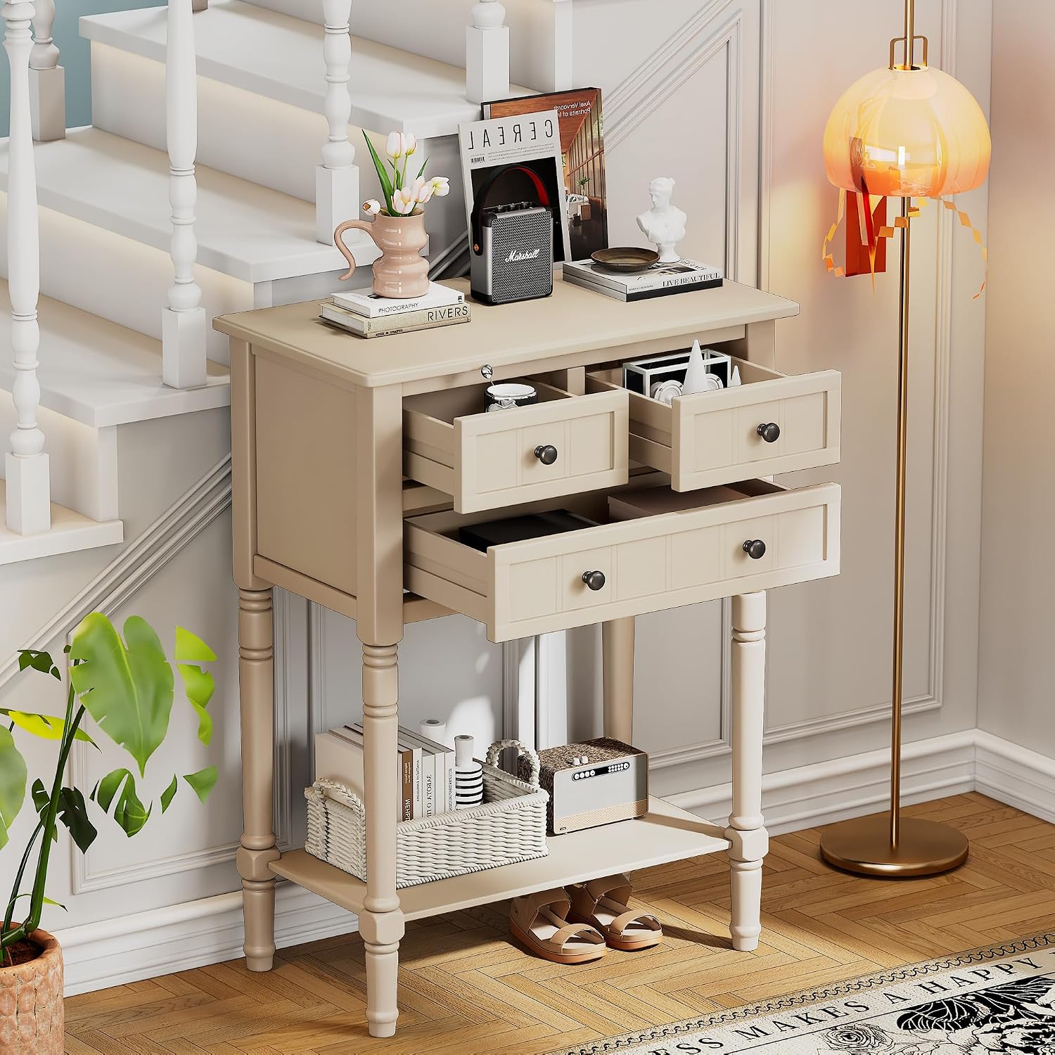 Merax Slim Console Table, Elegant Entryway Table with Three Storage Drawers and Bottom Shelf for Hallway and Living Room (Beige)