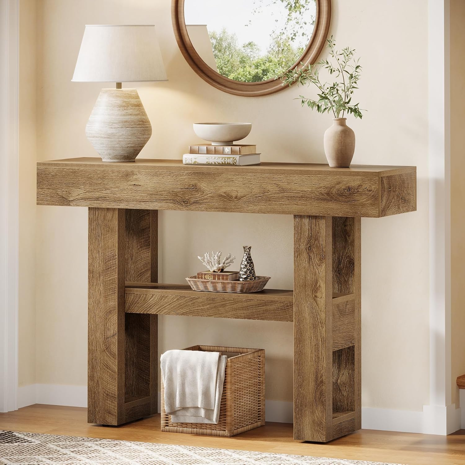 Tribesigns 41.34-Inch Farmhouse Console Table, 2-Tier Narrow Sofa Table Behind The Couch, Entryway Furniture with Storage Shelves for Hallway Foyer Living Room, Light Brown