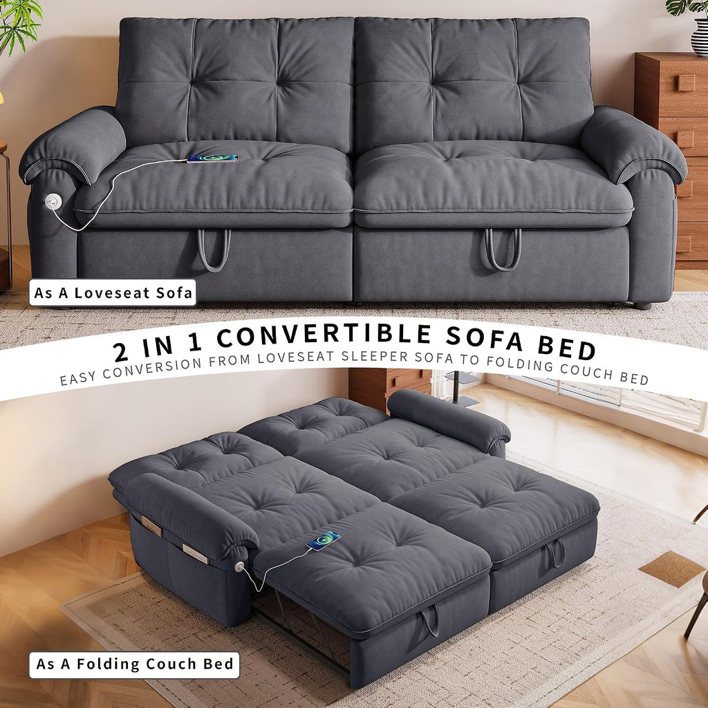 77' Queen Size Sofa Bed, Loveseat Sleeper Sofa with Pull Out Bed, Pockets and USB, Modern 2 Seater Convertible Small Couch for Living Room Bedroom Apartment, Gray