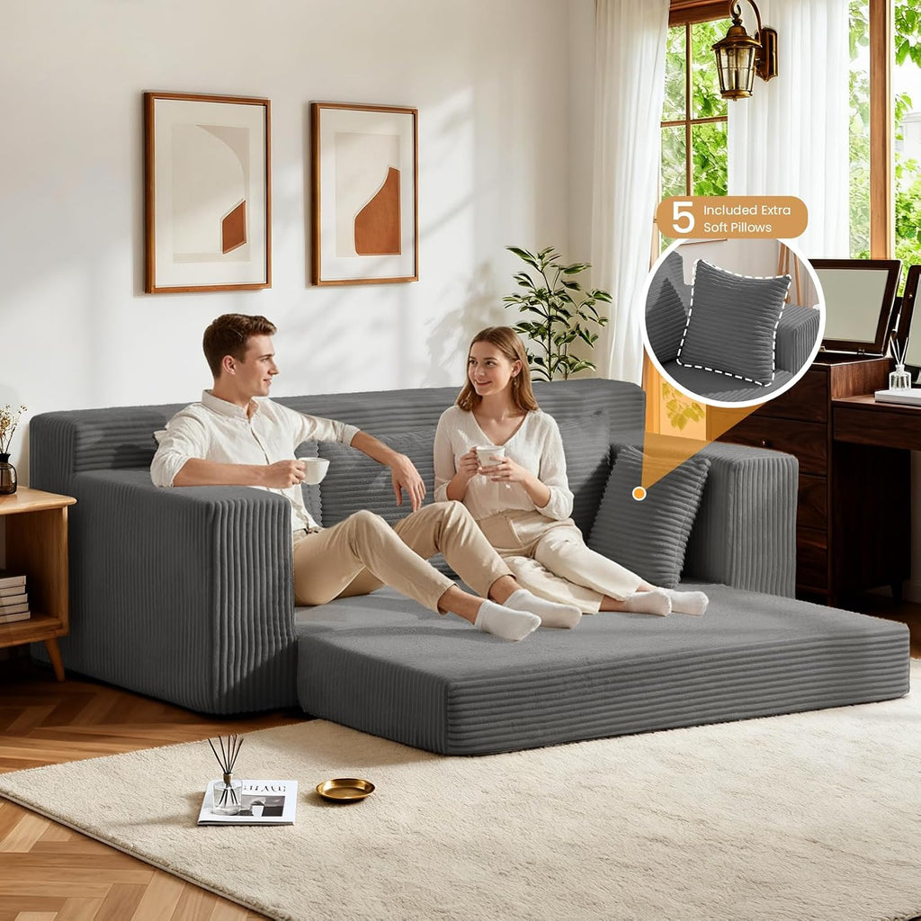 Oversized Boneless Loveseat, 3 Seater Pull Out Convertible Sofa Bed, 70' Gray Boneless Couch Fold Out Floor Couch Sleeper Sofa with 5 Pillows for Living Room Bedroom Lounge Small Space