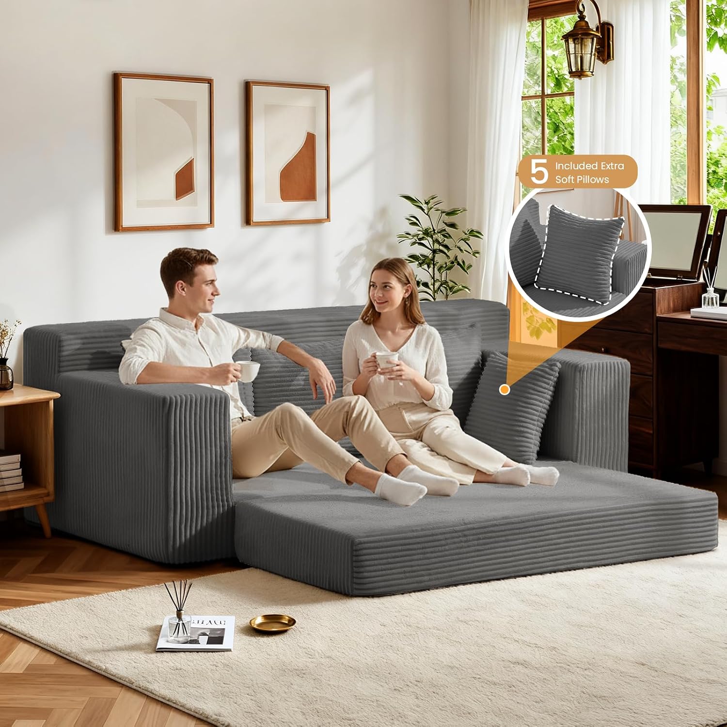 Oversized Boneless Loveseat, 3 Seater Pull Out Convertible Sofa Bed, 70' Gray Boneless Couch Fold Out Floor Couch Sleeper Sofa with 5 Pillows for Living Room Bedroom Lounge Small Space