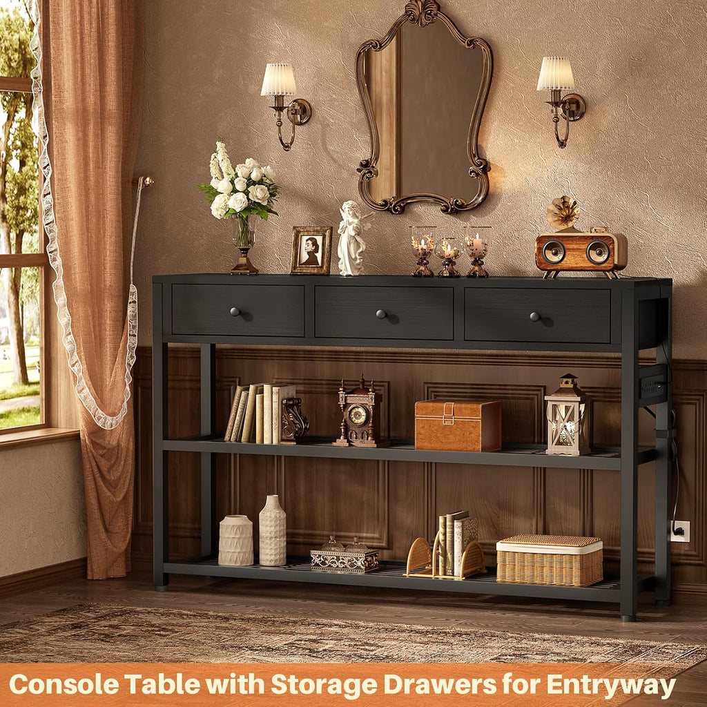 Ecopriso 47'' Entryway Table with Outlets and USB Ports, Console Table with 3 Drawers, Sofa Table Narrow Long with Storage Shelves for Living Room, Couch, Hallway, Foyer, Kitchen Counter, Black