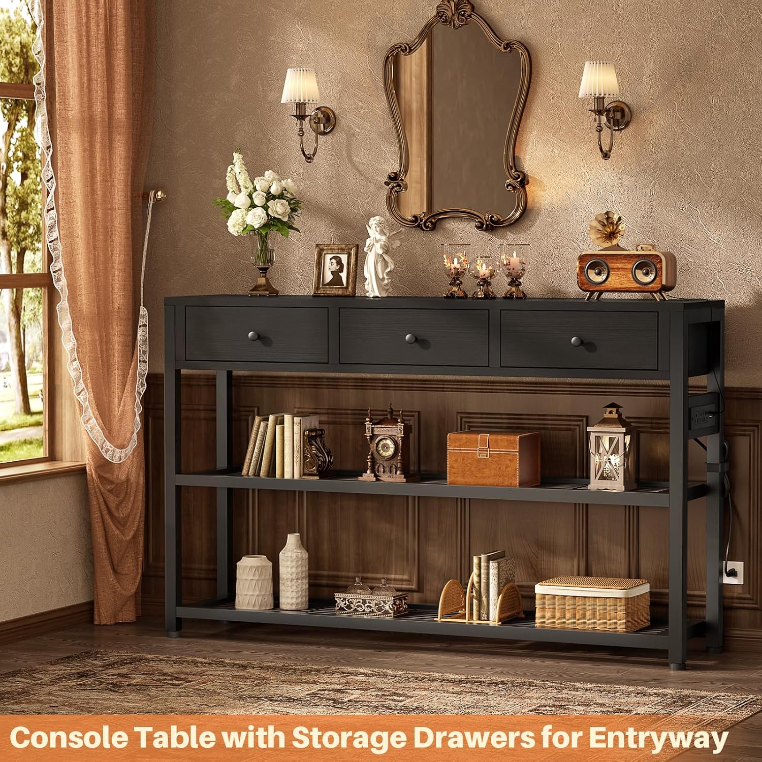 Ecopriso 47'' Entryway Table with Outlets and USB Ports, Console Table with 3 Drawers, Sofa Table Narrow Long with Storage Shelves for Living Room, Couch, Hallway, Foyer, Kitchen Counter, Black
