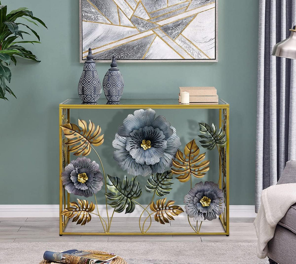 Lewahom Console Table, Vintage Art Sofa Table with Metal Flower Decor, Narrow Entryway Tables with Glass Mirror Tabletop Behind Sofa, Narrow Accent Table for Entryway Living Room Hallway Bedroom