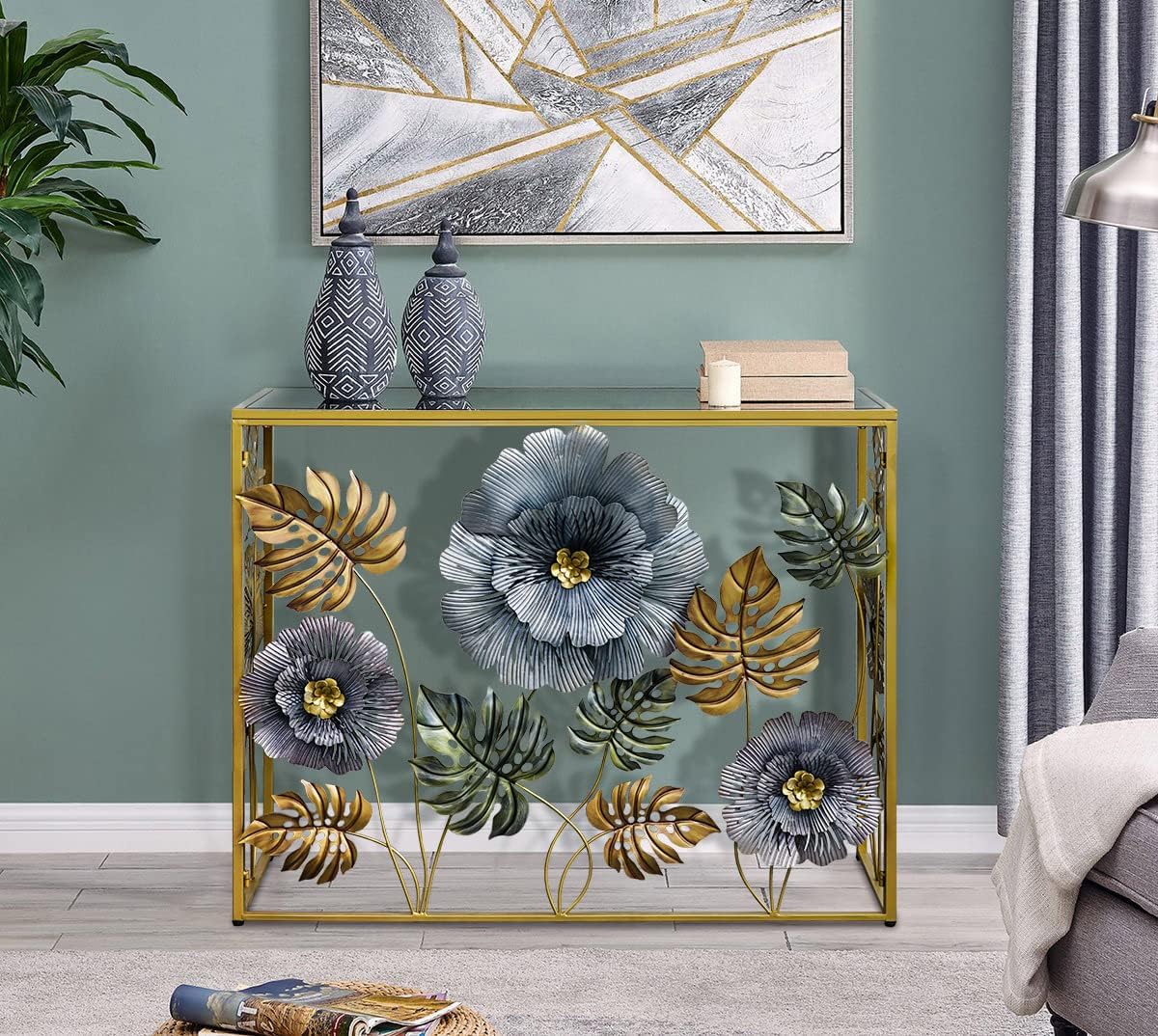 Lewahom Console Table, Vintage Art Sofa Table with Metal Flower Decor, Narrow Entryway Tables with Glass Mirror Tabletop Behind Sofa, Narrow Accent Table for Entryway Living Room Hallway Bedroom
