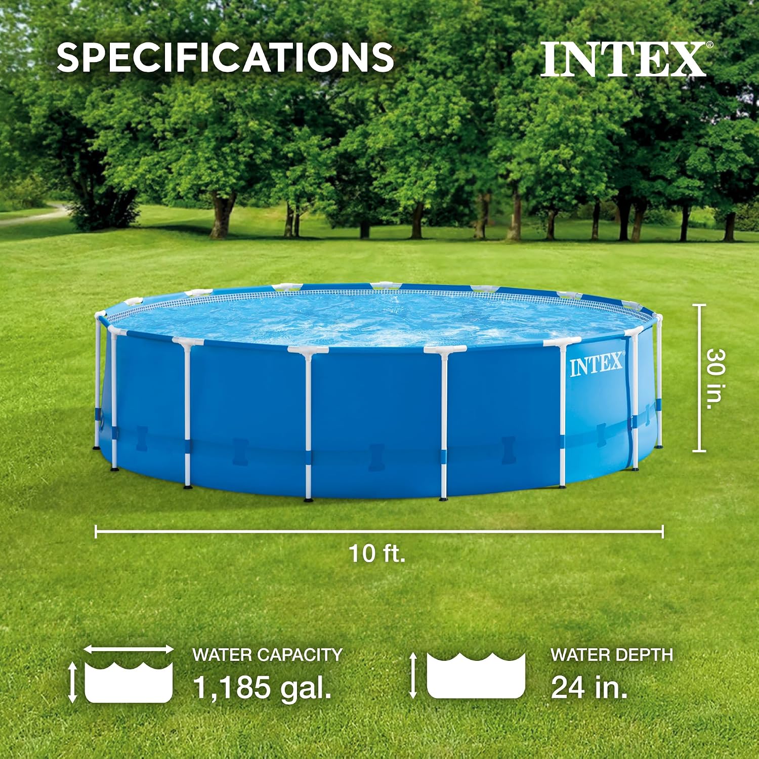 INTEX 10ft x 30in Round Metal Frame Above Ground Pool Set with 330 GPH Filter Pump, Type H Filter Cartridge, and Steel Frame Pool Ladder