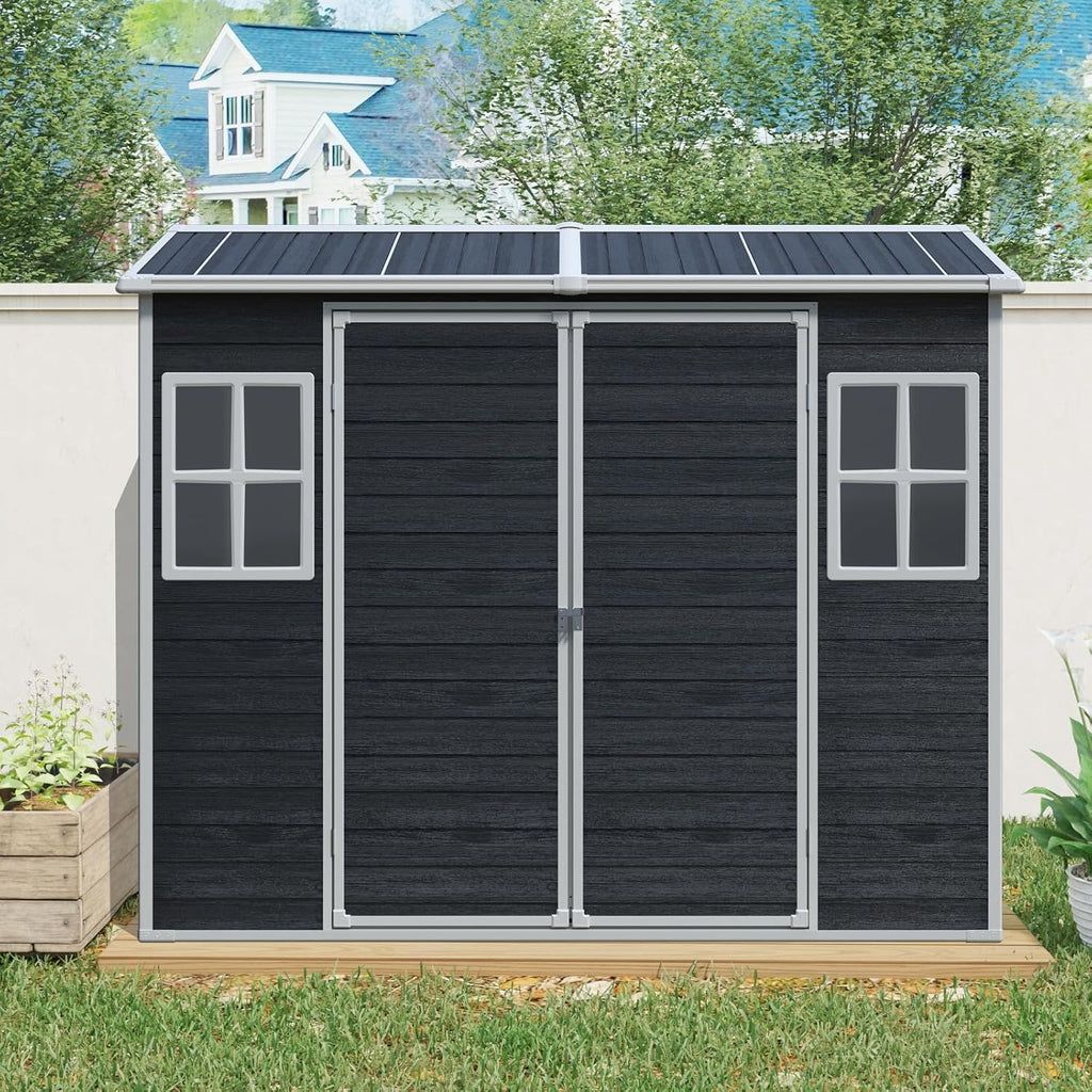 KUIKUI Outdoor Storage Shed with Floor, 4x8ft Resin Storage Sheds with 2 Windows and Lockable Door for Garden Tools, Backyard, Bike, Black
