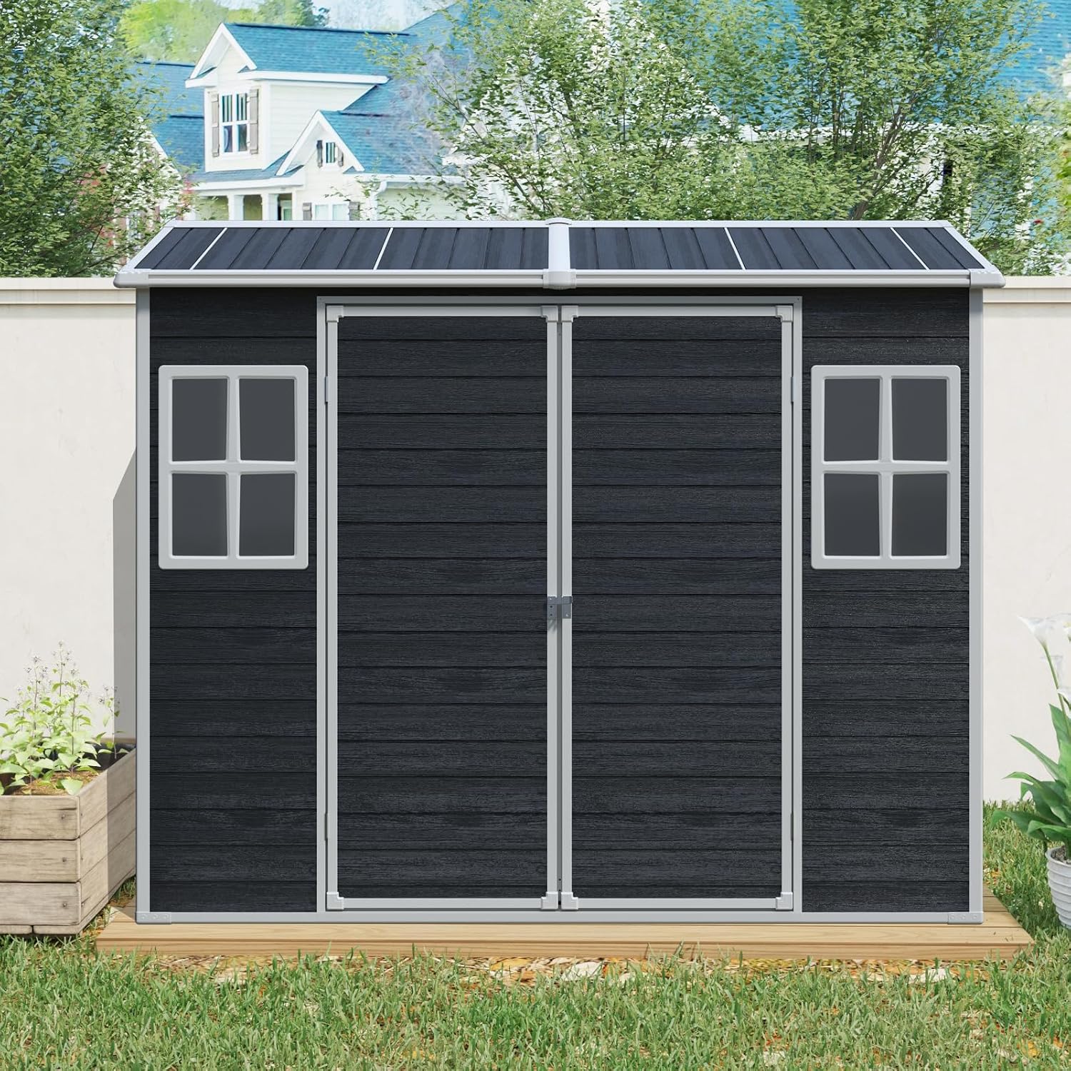 KUIKUI Outdoor Storage Shed with Floor, 4x8ft Resin Storage Sheds with 2 Windows and Lockable Door for Garden Tools, Backyard, Bike, Black