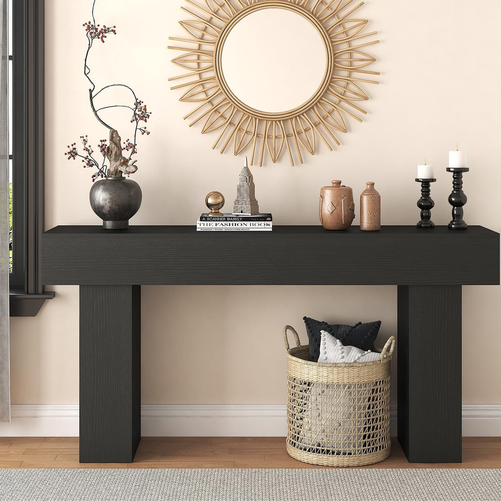 63 Inch Long Console Table for Entryway, Farmhouse Wood Rectangular Sofa Table Behind Couch Table, Narrow Entryway Table for Living Room, Entrance, Hallway, Foyer, Easy Assembly (Charcoal Black)